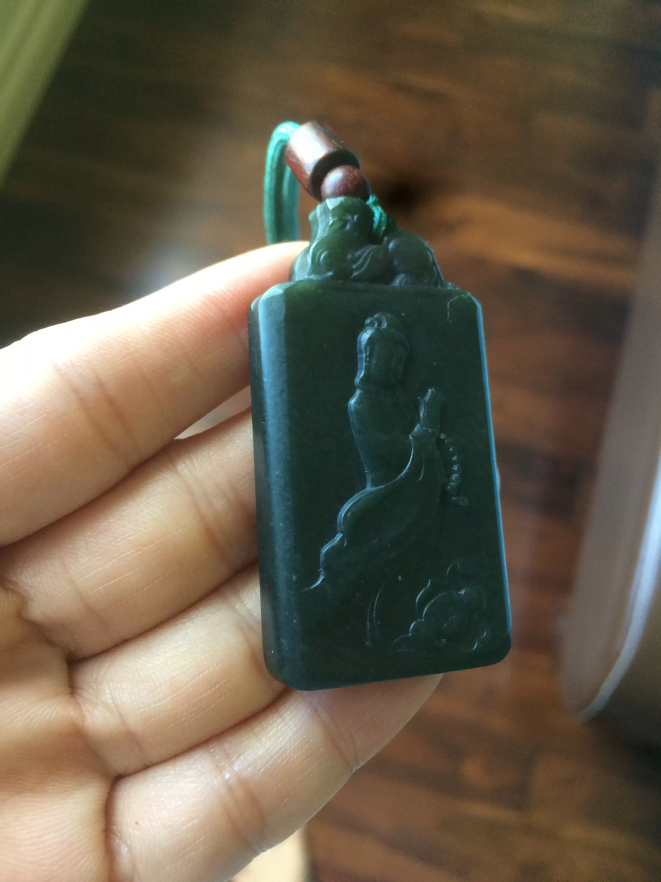 100% natural dark green Guanyin (Lotus Sutra) Hetian jade necklace KP-5