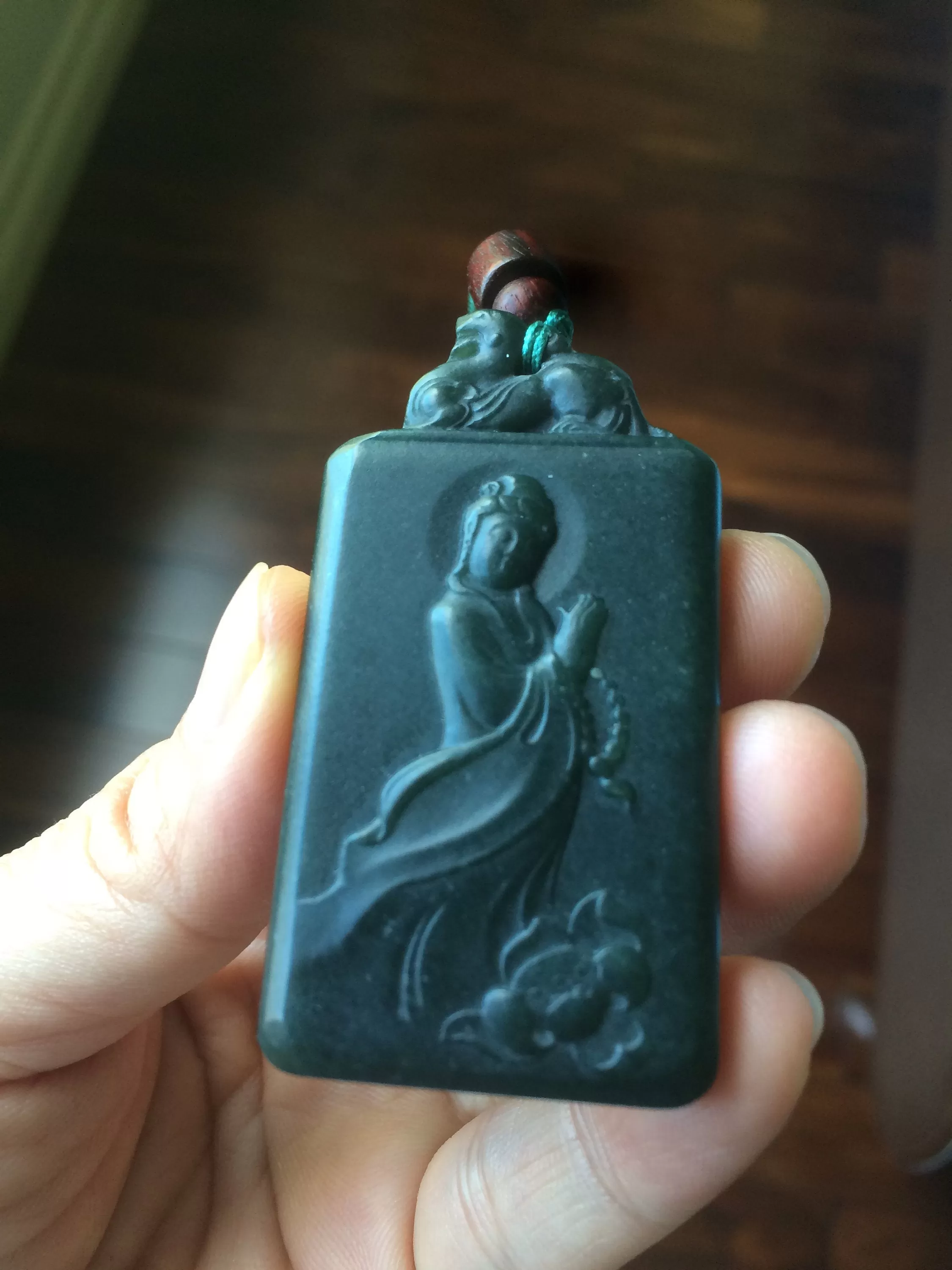 100% natural dark green Guanyin (Lotus Sutra) Hetian jade necklace KP-5