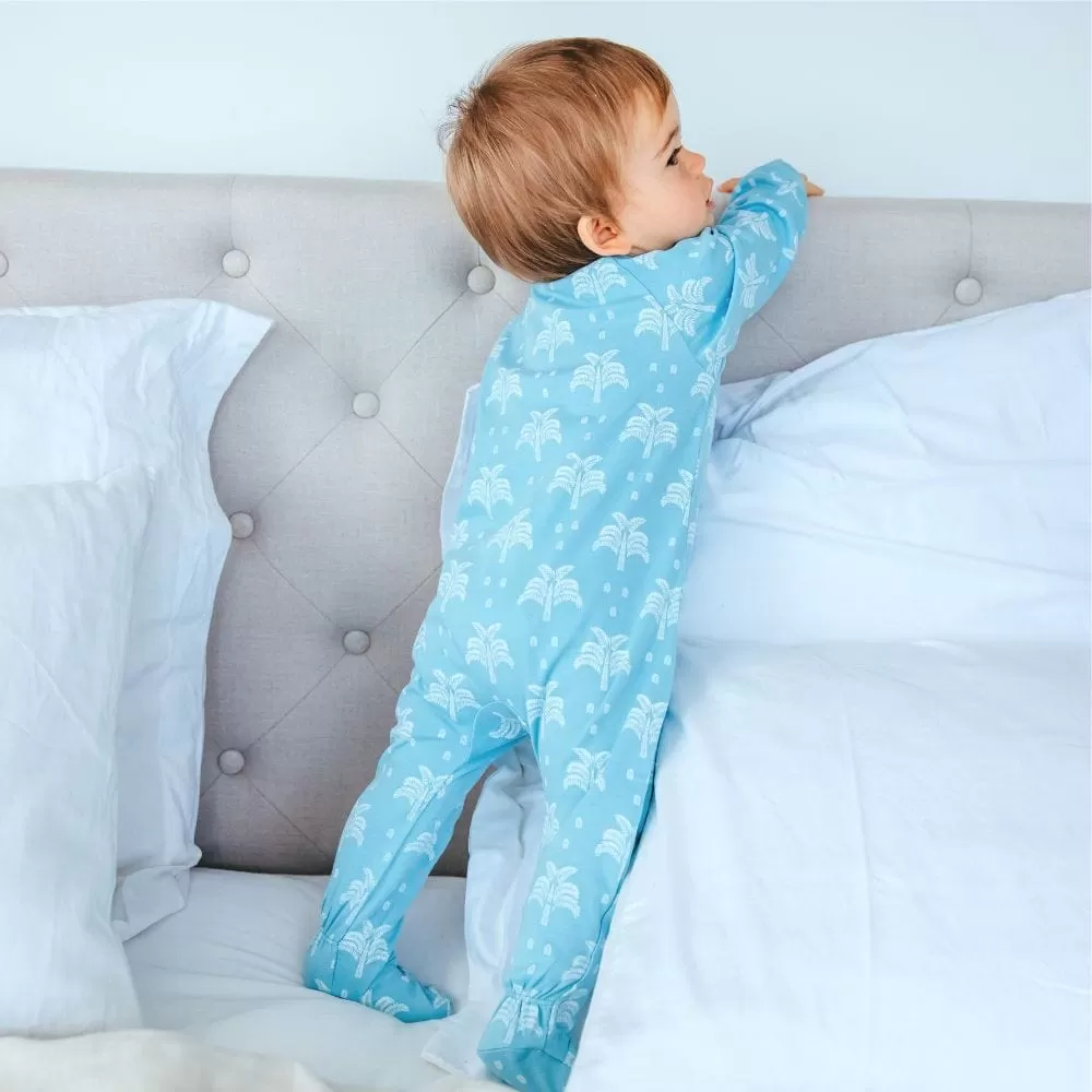 100% Organic Cotton Crossover Baby Sleepsuit with Feet - Aquatic Blue Palms and Pineapples