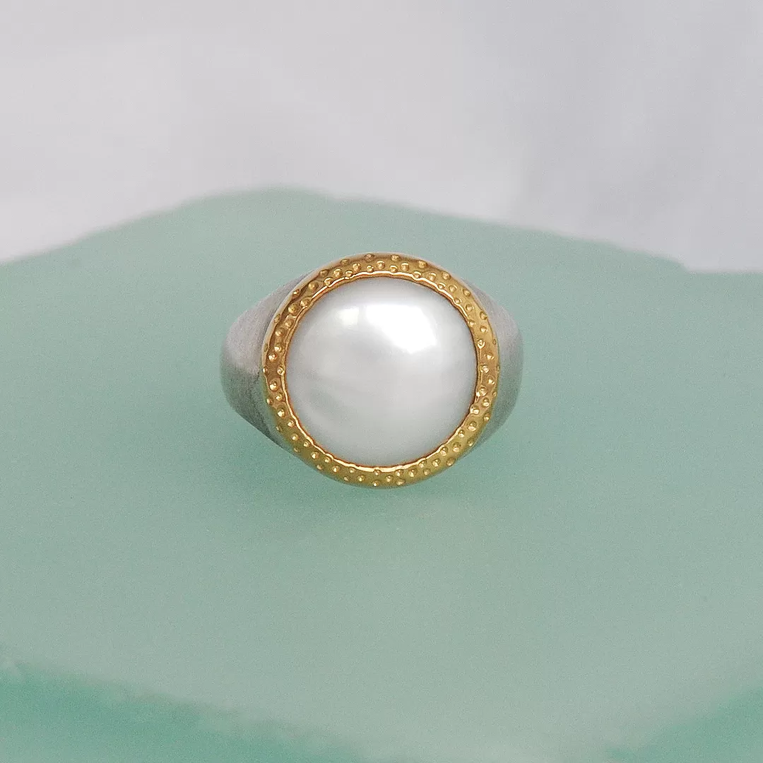 18K and Sterling Silver Lustrous Coin Pearl Ring