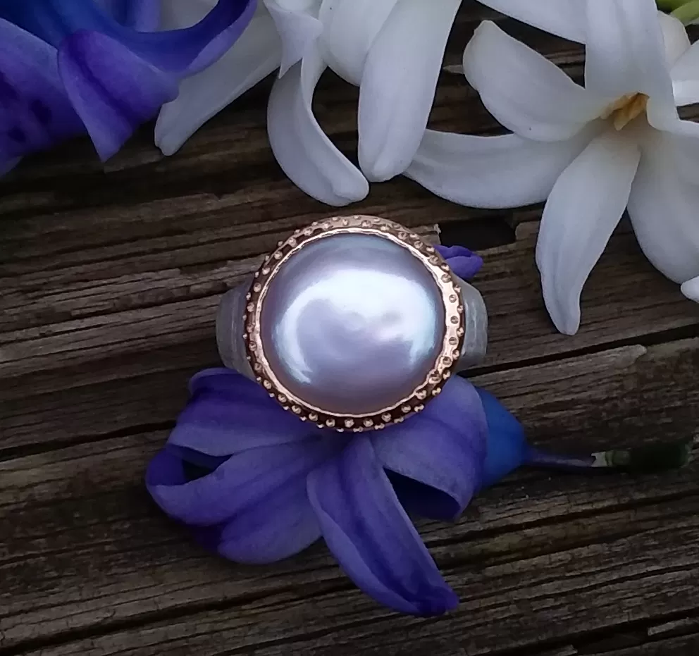 18K and Sterling Silver Lustrous Coin Pearl Ring