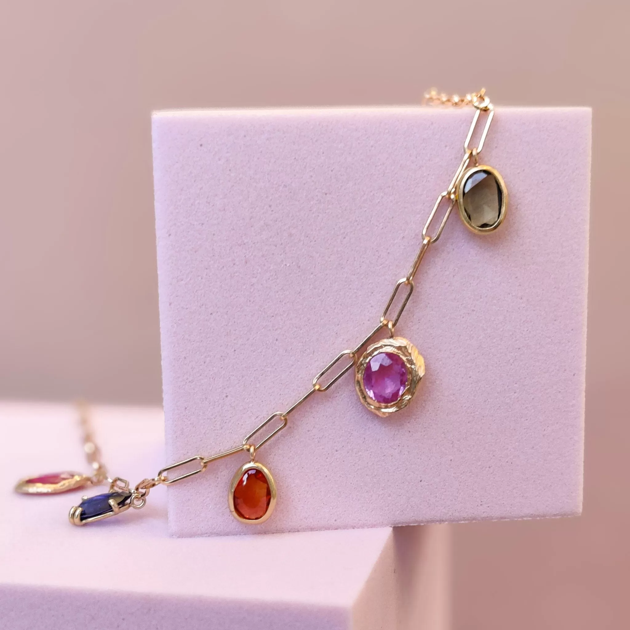 18K Five Stone Necklace in Rainbow Sapphire and Ruby