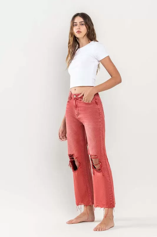 90s Vintage Crop Flare Jeans in Red