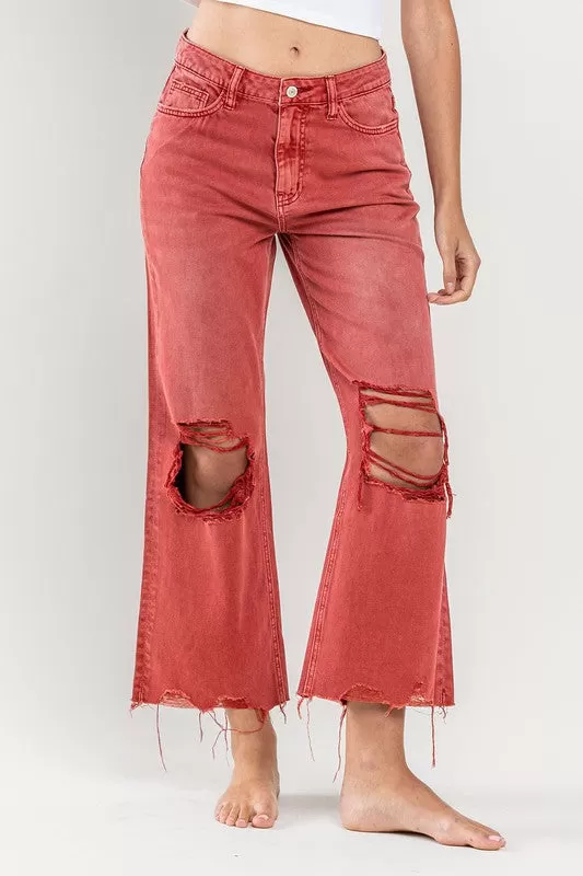 90s Vintage Crop Flare Jeans in Red