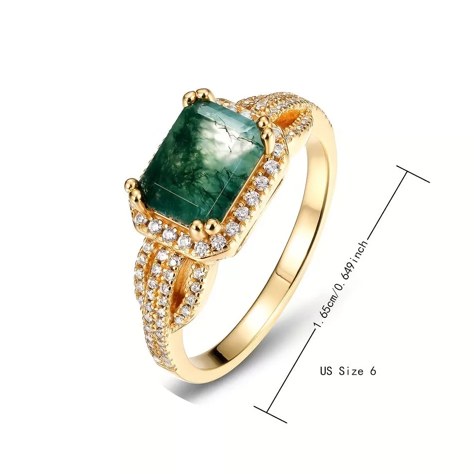 925 Sterling Silver Ring Inlaid Moss Agate 14k Gold Plated High Quality Jewelry For Female Party Accessory Perfect Birthday Gift For Yourself