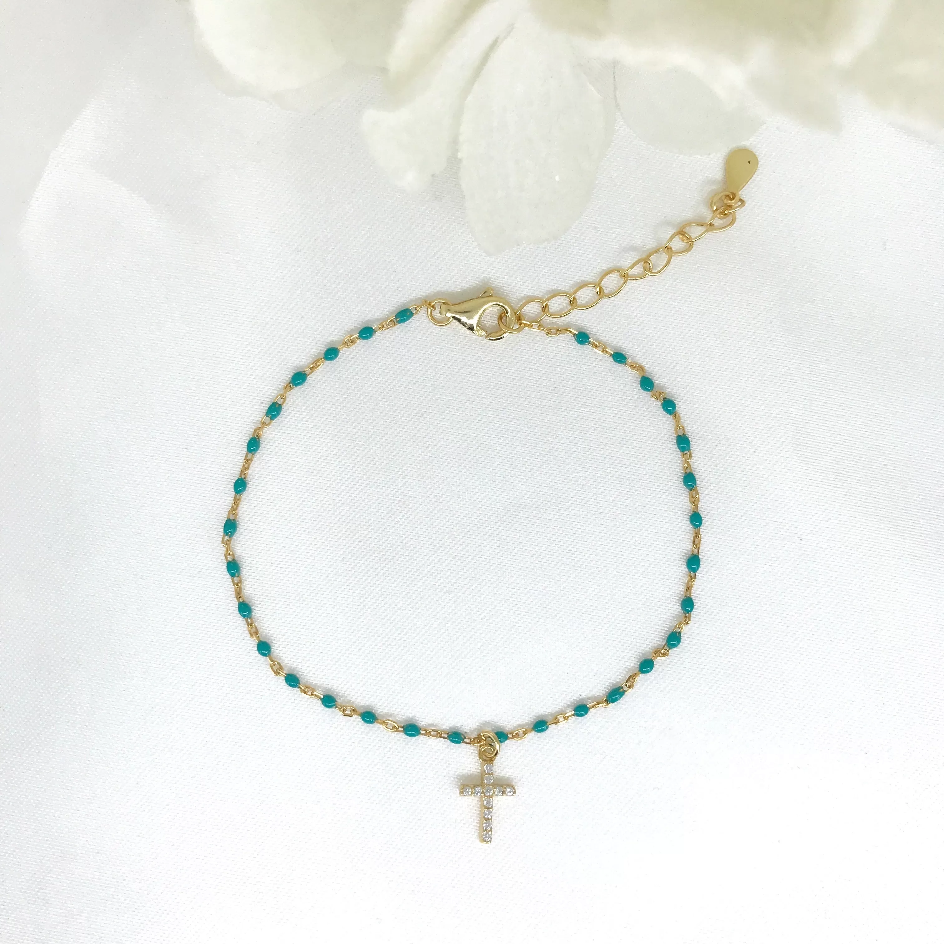 925/18k Vermeil Turquoise Enamel CZ Cross Bracelet