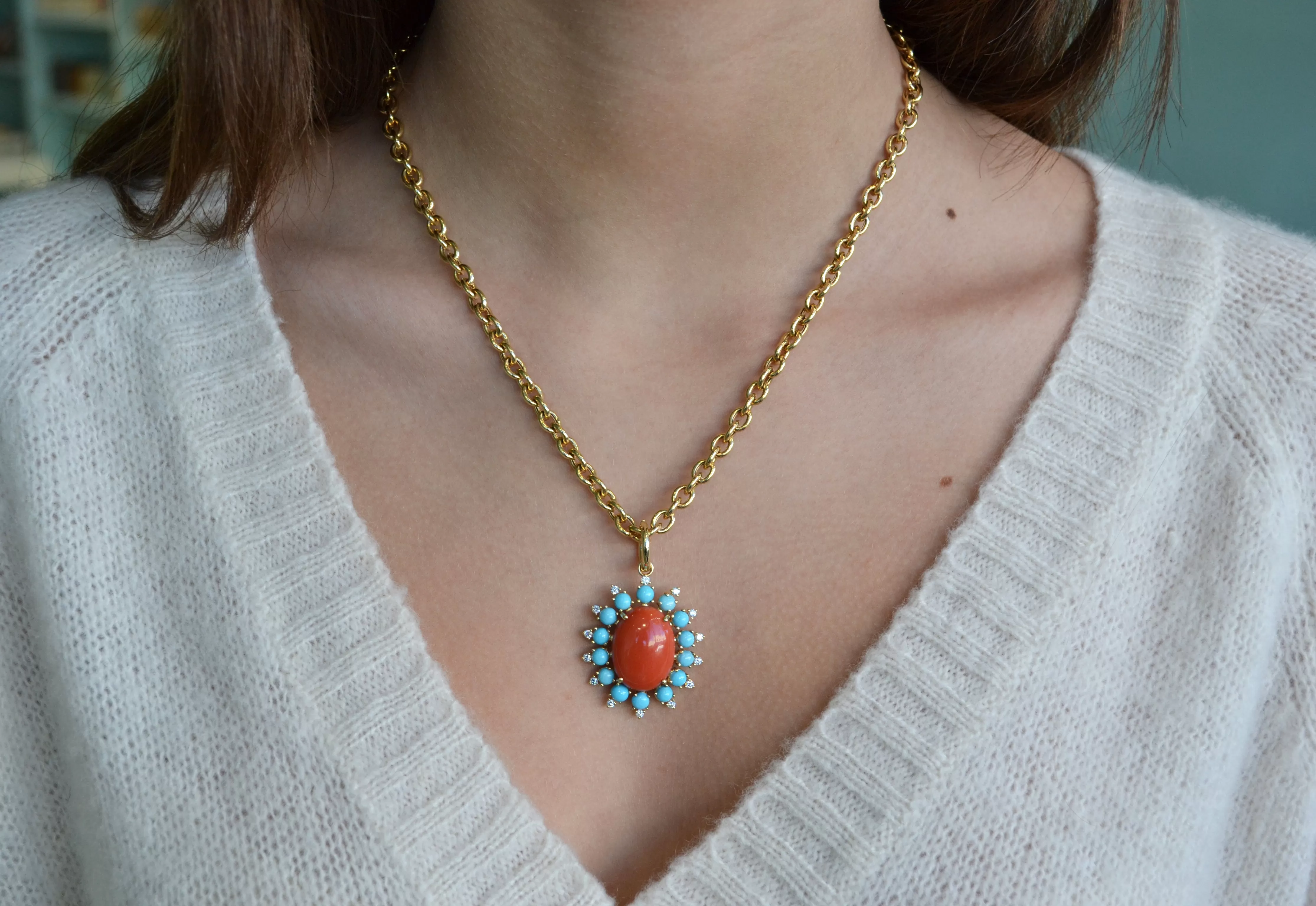 A & Furst - Sole - Pendant with Natural Mediterranean Red Coral, Arizona Turquoise and Diamonds, 18k Yellow Gold