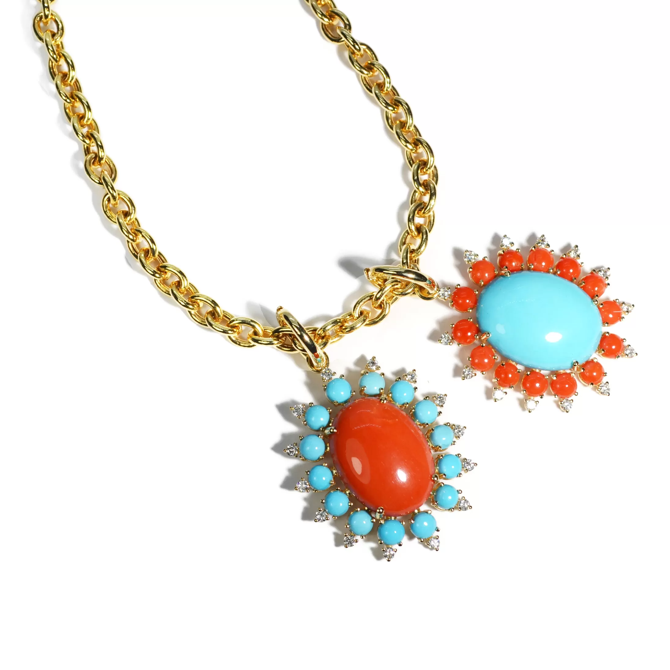 A & Furst - Sole - Pendant with Natural Mediterranean Red Coral, Arizona Turquoise and Diamonds, 18k Yellow Gold