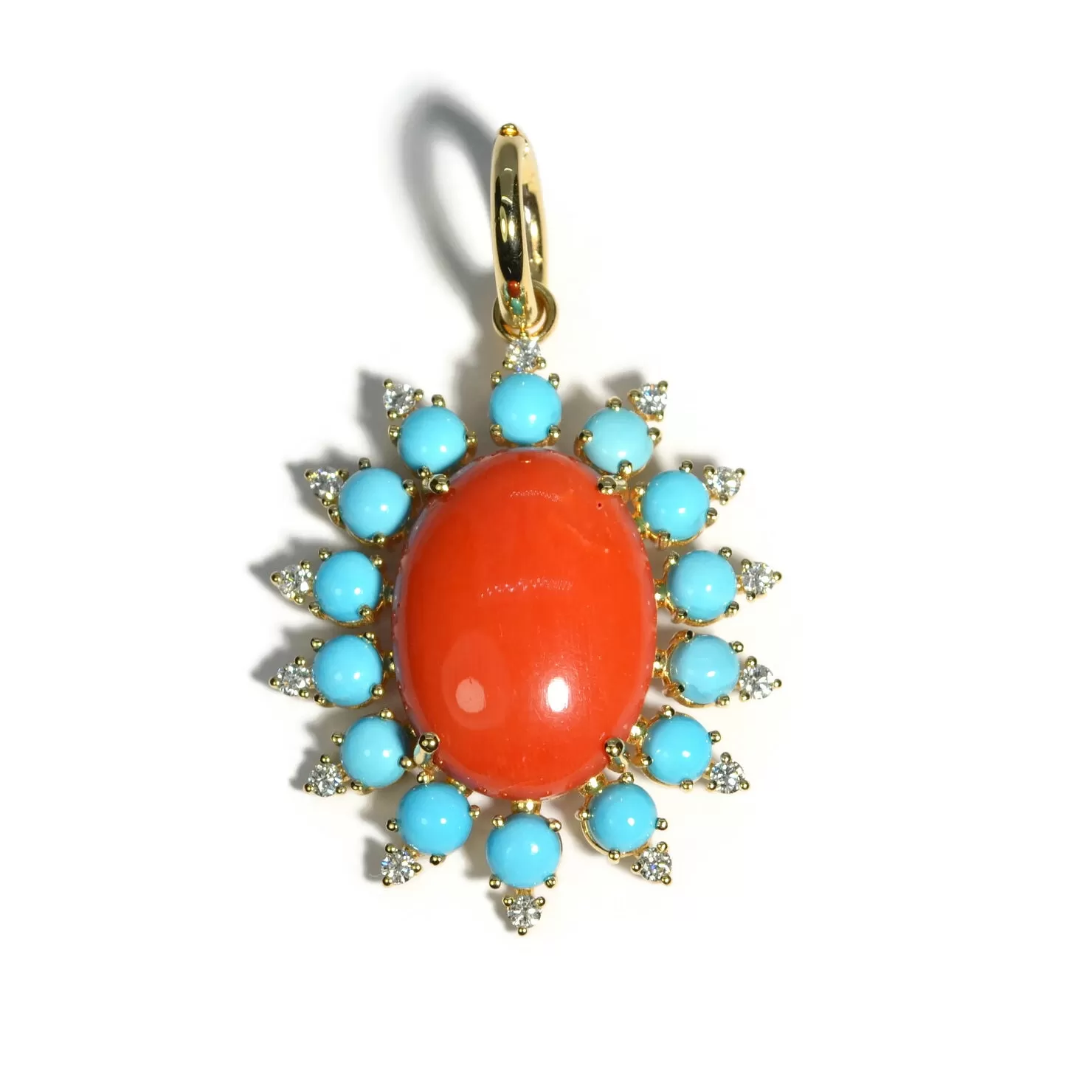 A & Furst - Sole - Pendant with Natural Mediterranean Red Coral, Arizona Turquoise and Diamonds, 18k Yellow Gold