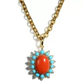 A & Furst - Sole - Pendant with Natural Mediterranean Red Coral, Arizona Turquoise and Diamonds, 18k Yellow Gold