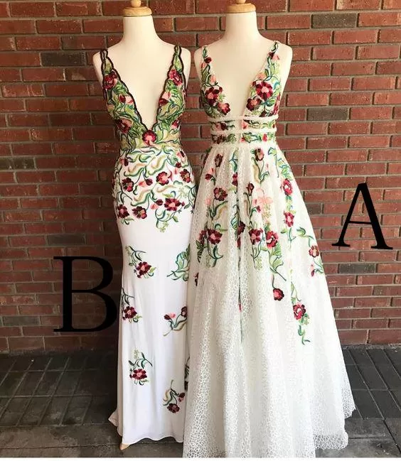 A Line Deep V Neck Backless Formal Party Prom Dress with Flowers Appliqued ER2111