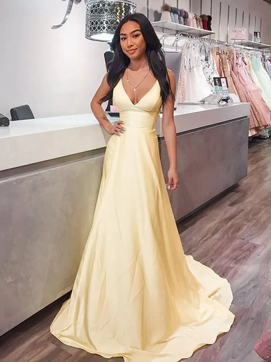 A-line V Neck Long Prom Dresses Satin Formal Graduation Evening Gowns