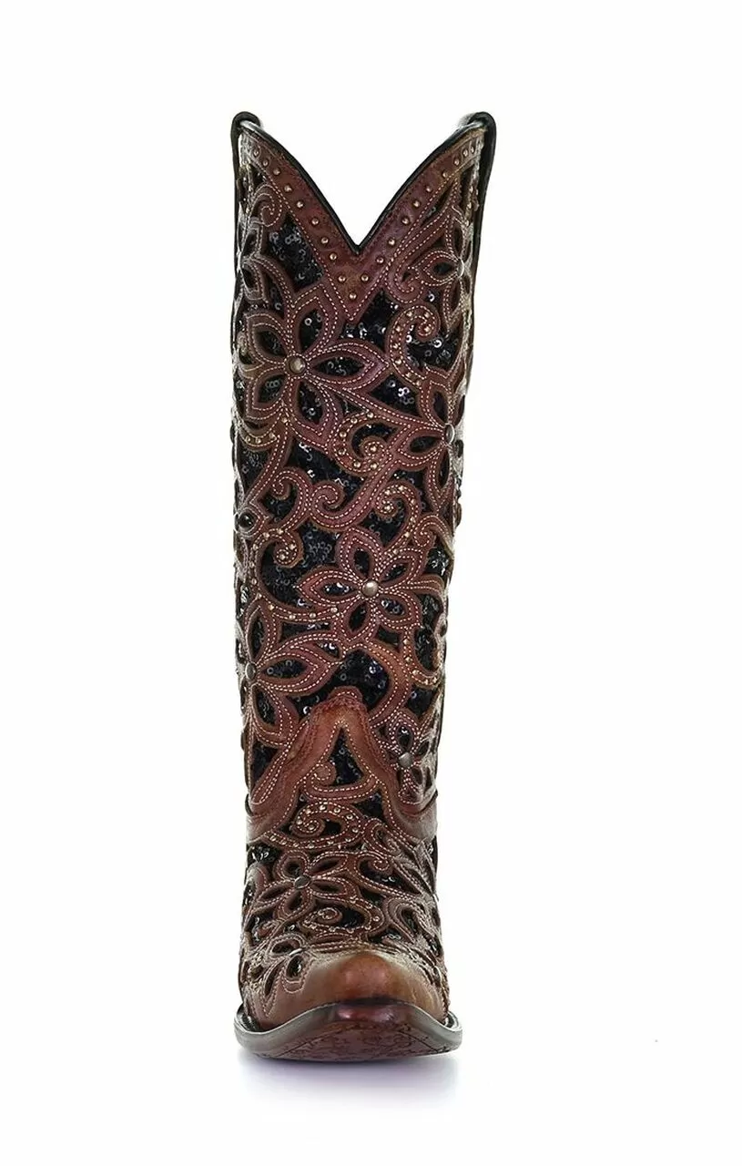 A4083 - Corral tan/black western cowgirl leather boots for women