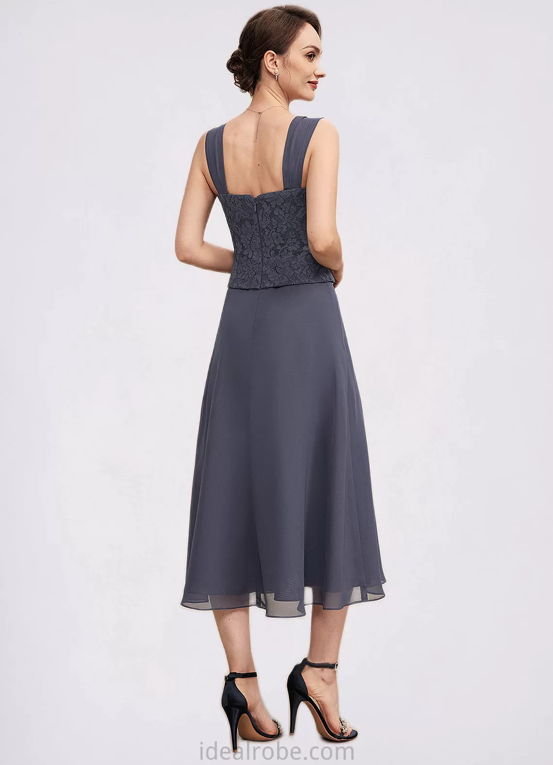 Abby A-Line Square Neckline Tea-Length Chiffon Lace Mother of the Bride Dress With Beading STK126P0014601