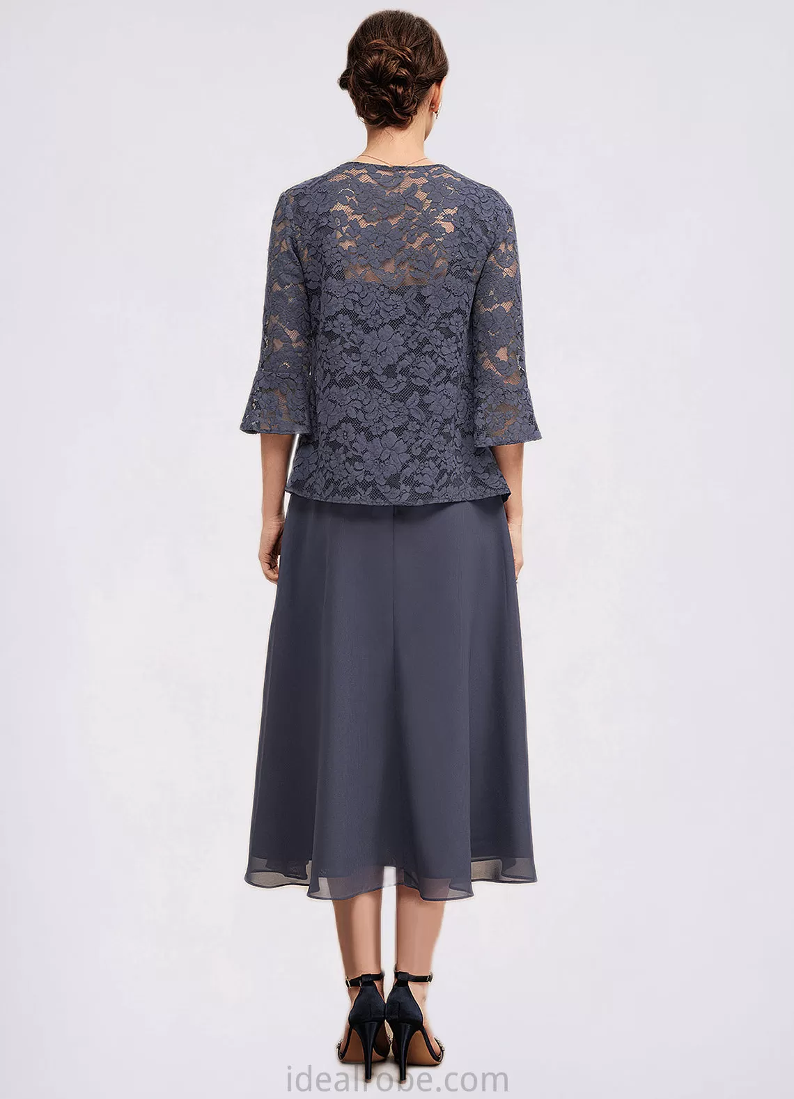 Abby A-Line Square Neckline Tea-Length Chiffon Lace Mother of the Bride Dress With Beading STK126P0014601