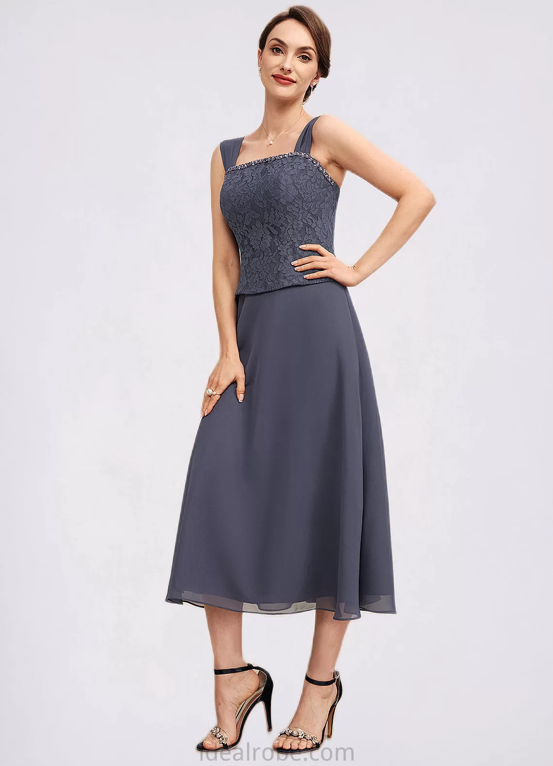 Abby A-Line Square Neckline Tea-Length Chiffon Lace Mother of the Bride Dress With Beading STK126P0014601