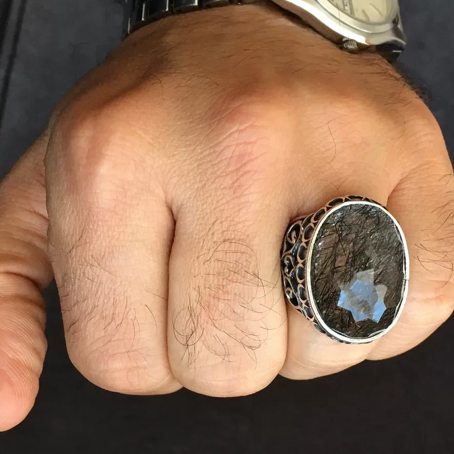 Absolutely Unique Handcrafted Men's Ring Rutilated Quartz Gemstone 925 Sterling Silver