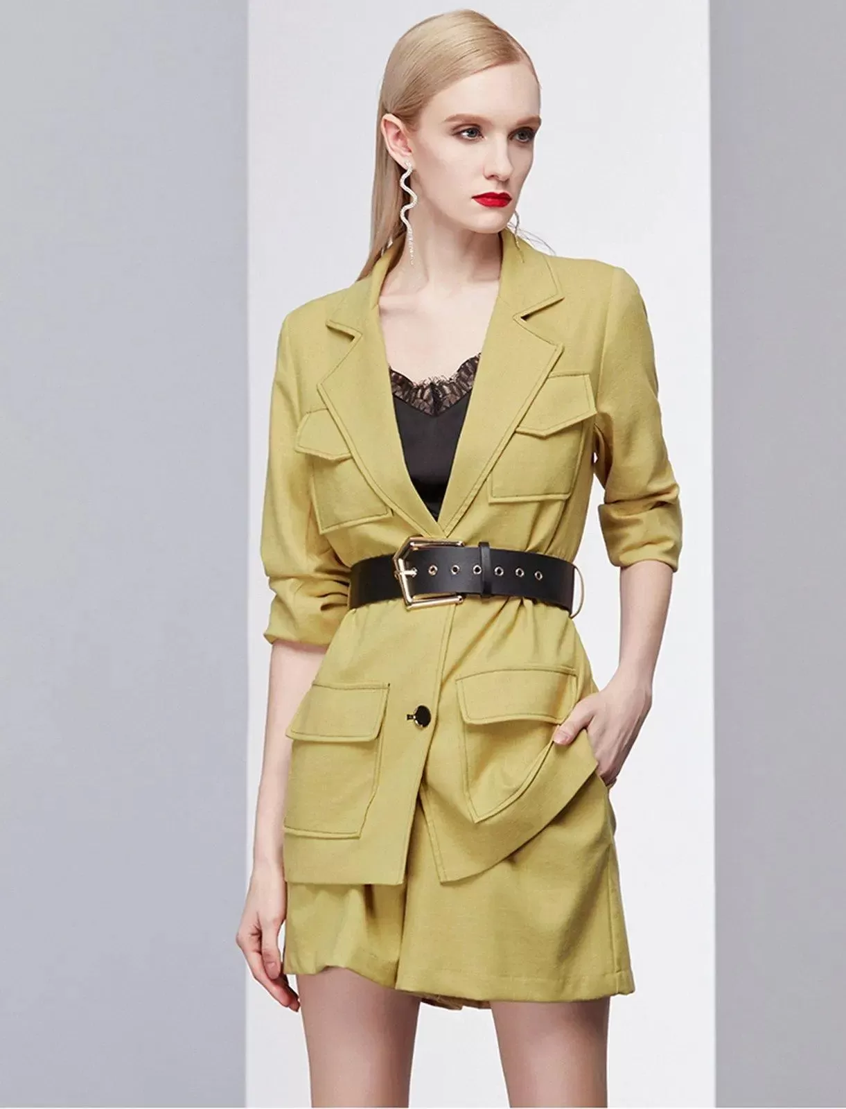 Aimee Yellow Belted Blazer & Mini Shorts Set