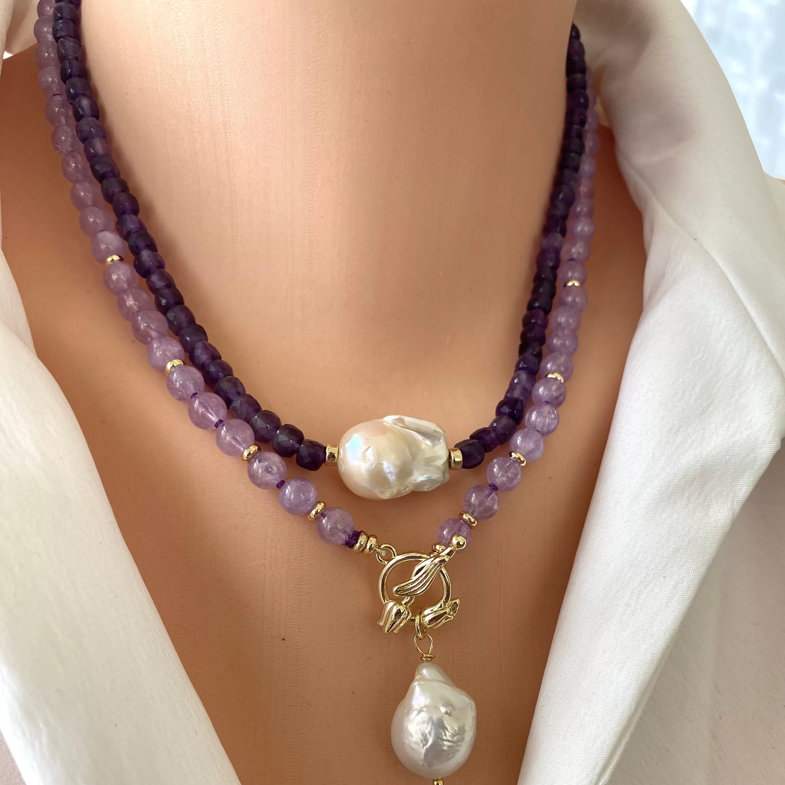 Amethyst and Freshwater Baroque Pearl Beaded Necklace,17.5inches, February Birthstone