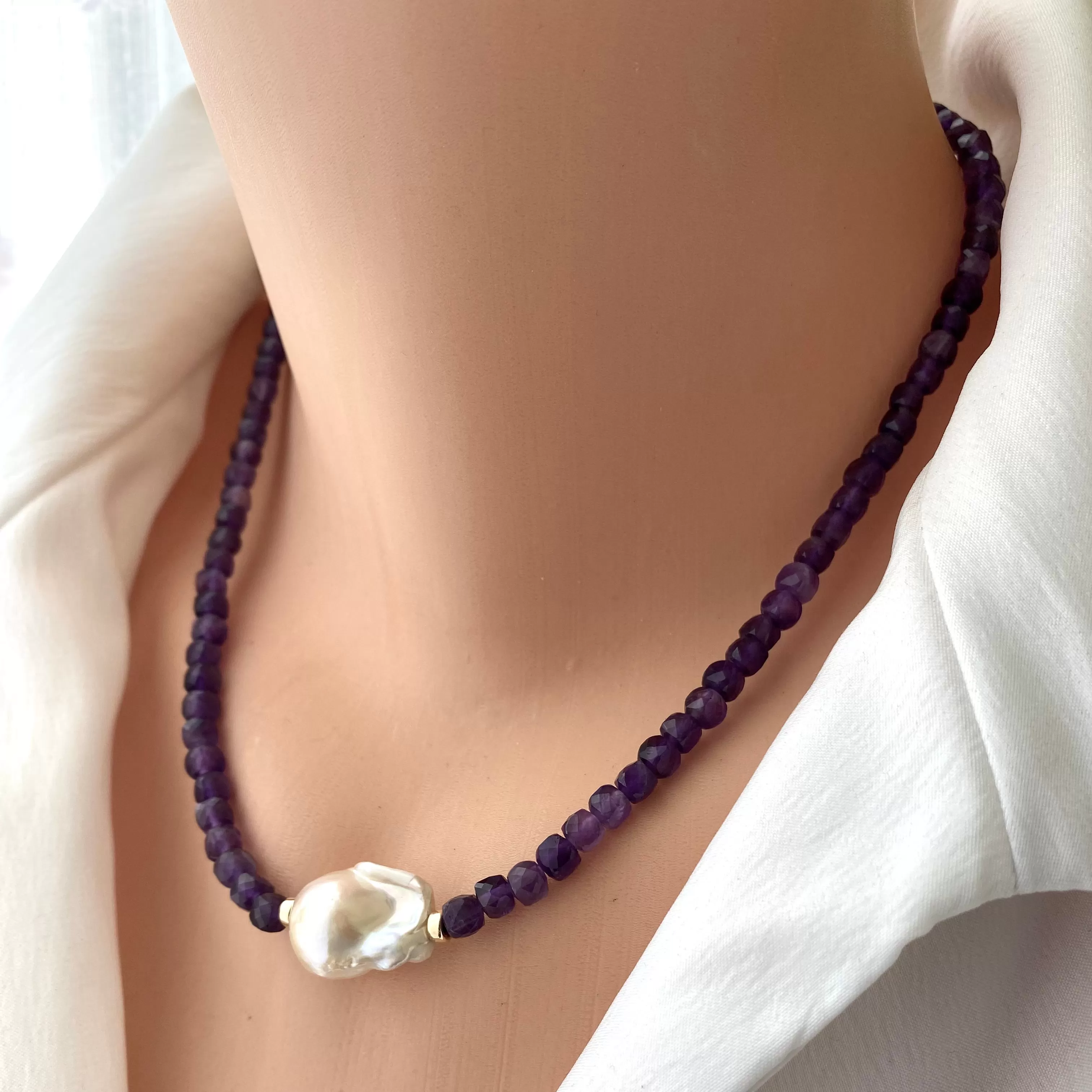 Amethyst and Freshwater Baroque Pearl Beaded Necklace,17.5inches, February Birthstone