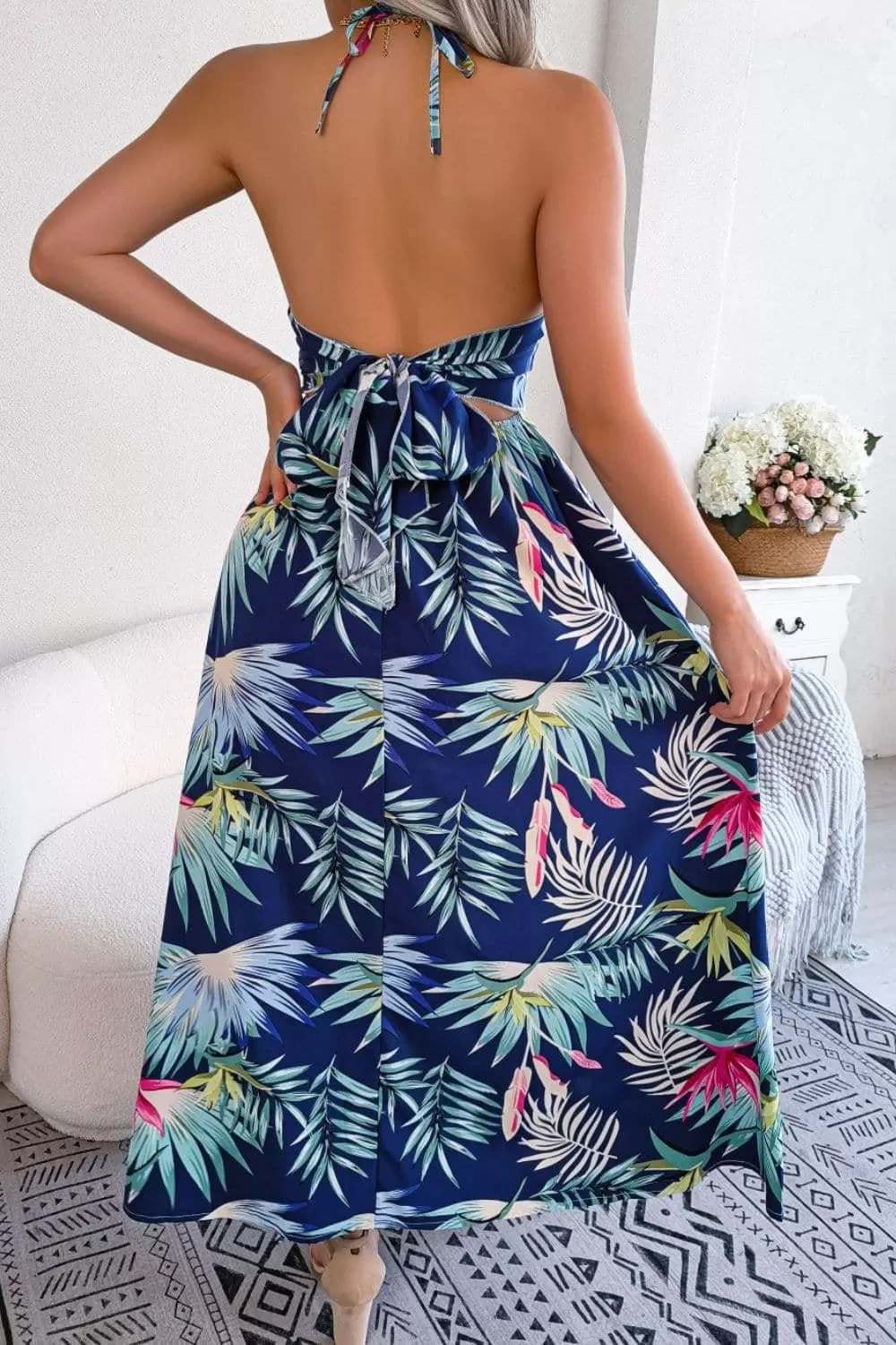 Andrea Botanical Print Tied Backless Cutout Slit Dress