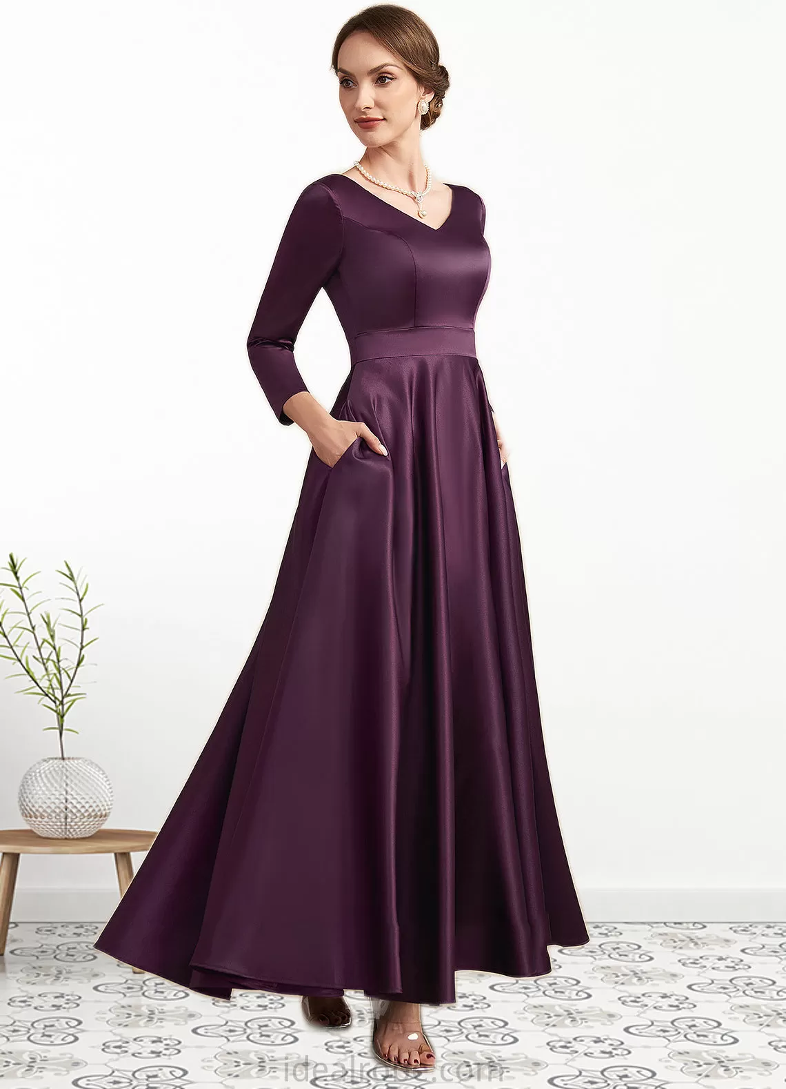 Aurora A-Line V-neck Ankle-Length Satin Mother of the Bride Dress With Pockets STK126P0014720