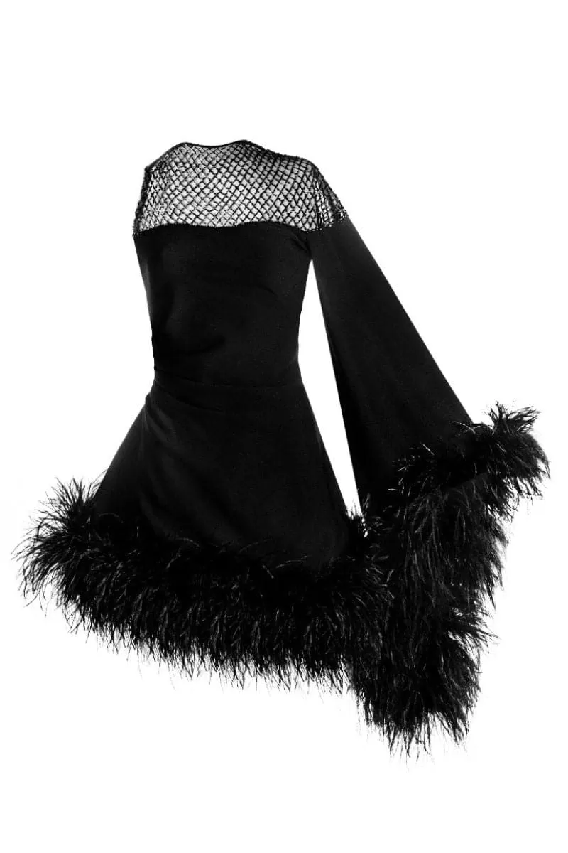 AURORA ASYMMETRIC DRAPED BLACK FEATHER DRESS