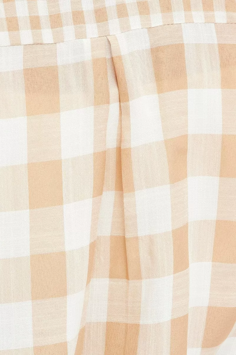 Beige Check Relaxed Shirt Short Sleeve V-Neck