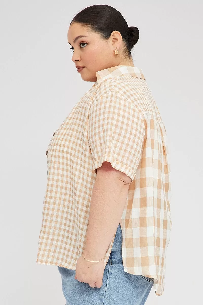 Beige Check Relaxed Shirt Short Sleeve V-Neck