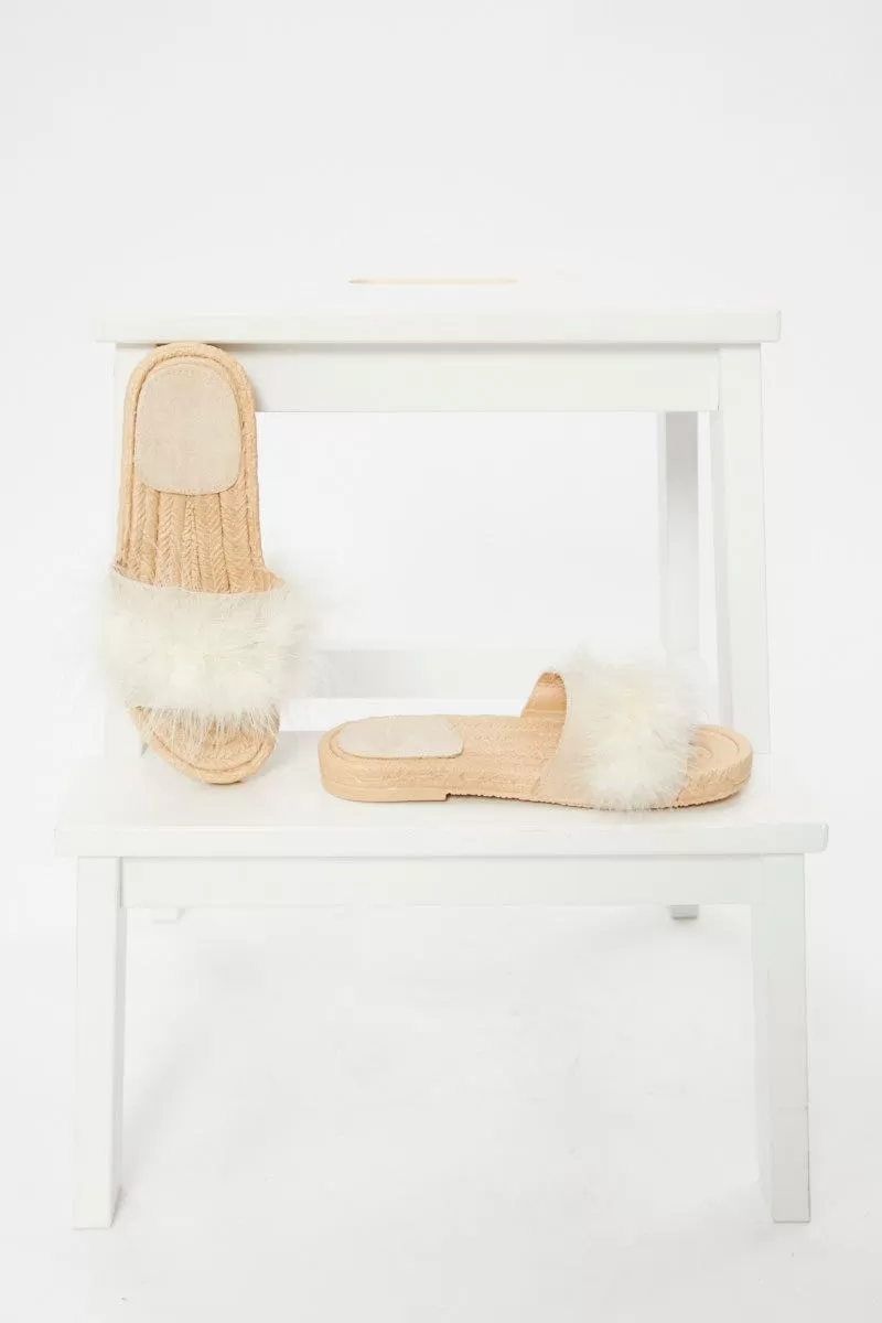 Beige Faux Fur Fluffy Flat Slides