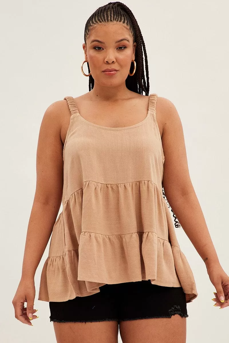 Beige Relaxed Top Sleeveless Tiered Linen Blend