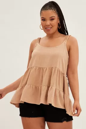 Beige Relaxed Top Sleeveless Tiered Linen Blend