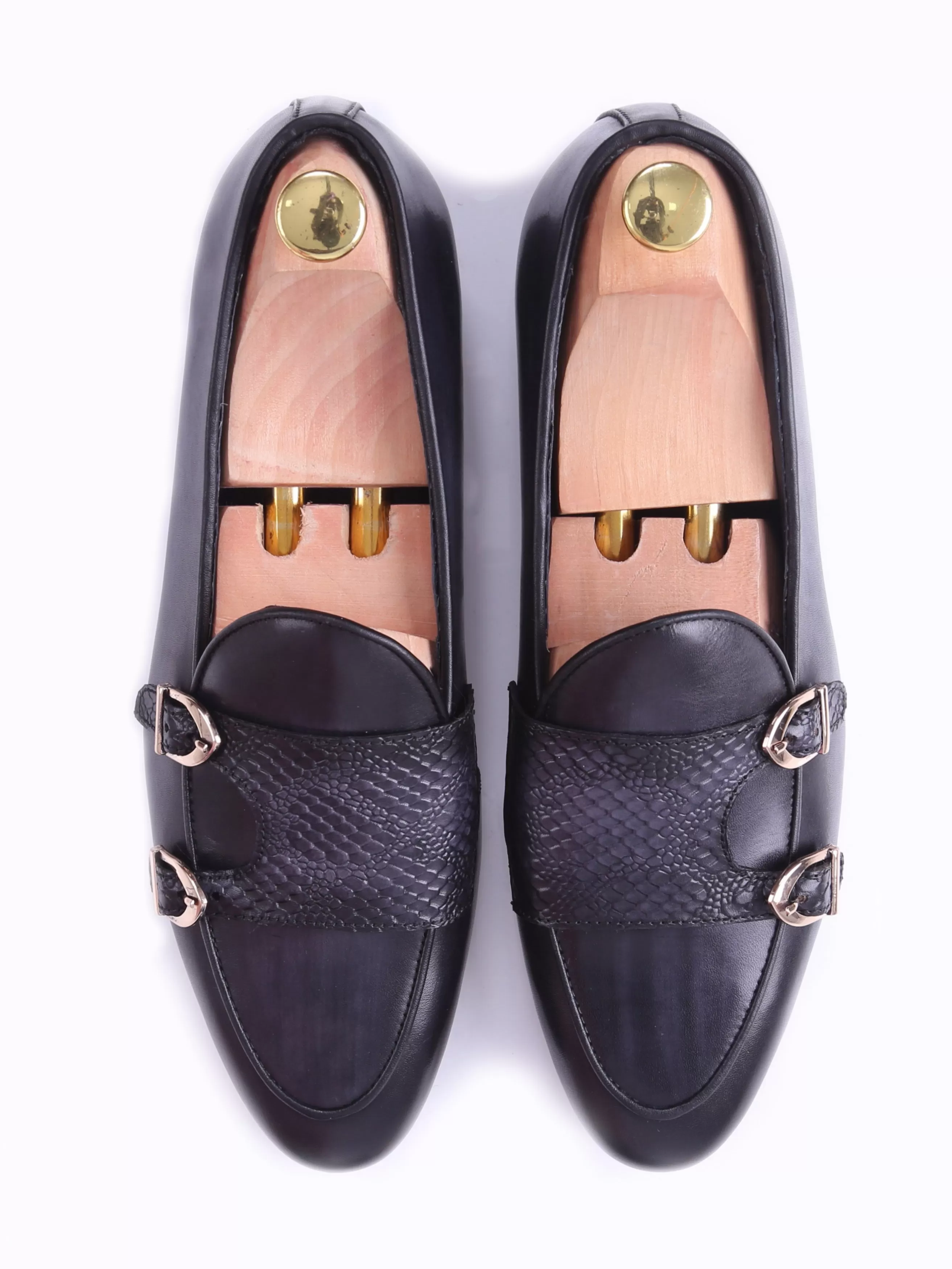 Belgian Loafer - Black Grey Snake Skin Double Monk Strap (Hand Painted Patina)