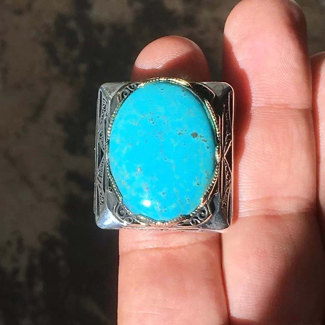 Big Men's Ring Turquoise Sterling Silver 925 Unique Statement Jewelry Large Heavy