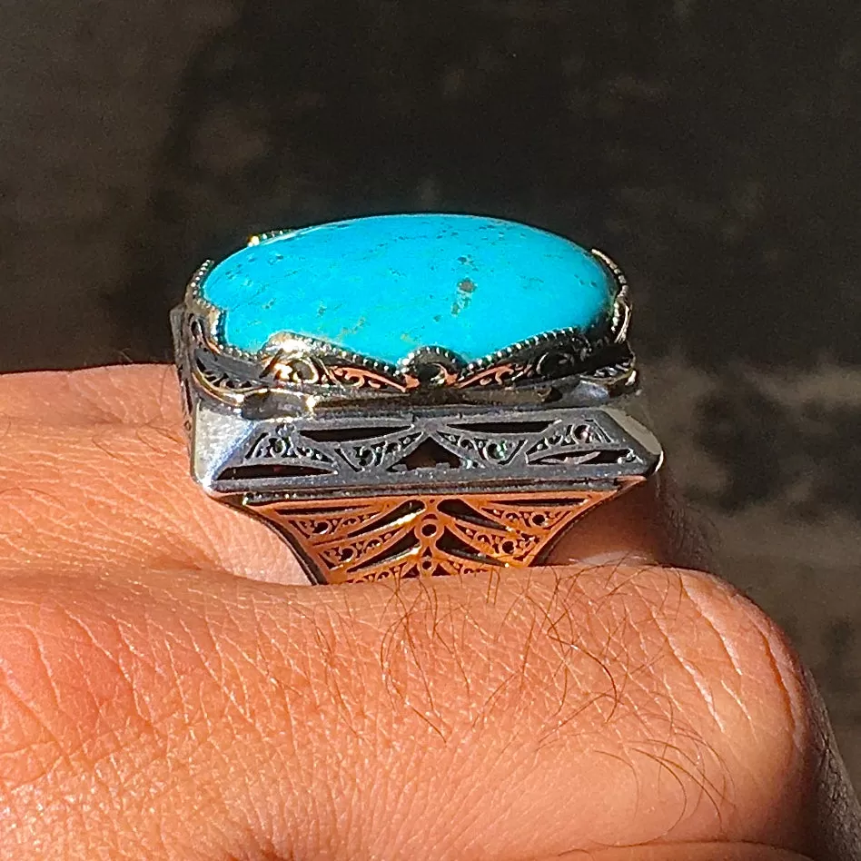 Big Men's Ring Turquoise Sterling Silver 925 Unique Statement Jewelry Large Heavy