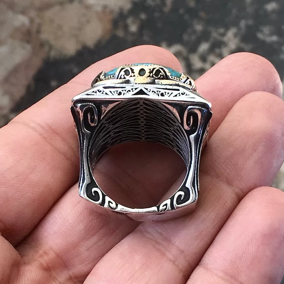 Big Men's Ring Turquoise Sterling Silver 925 Unique Statement Jewelry Large Heavy