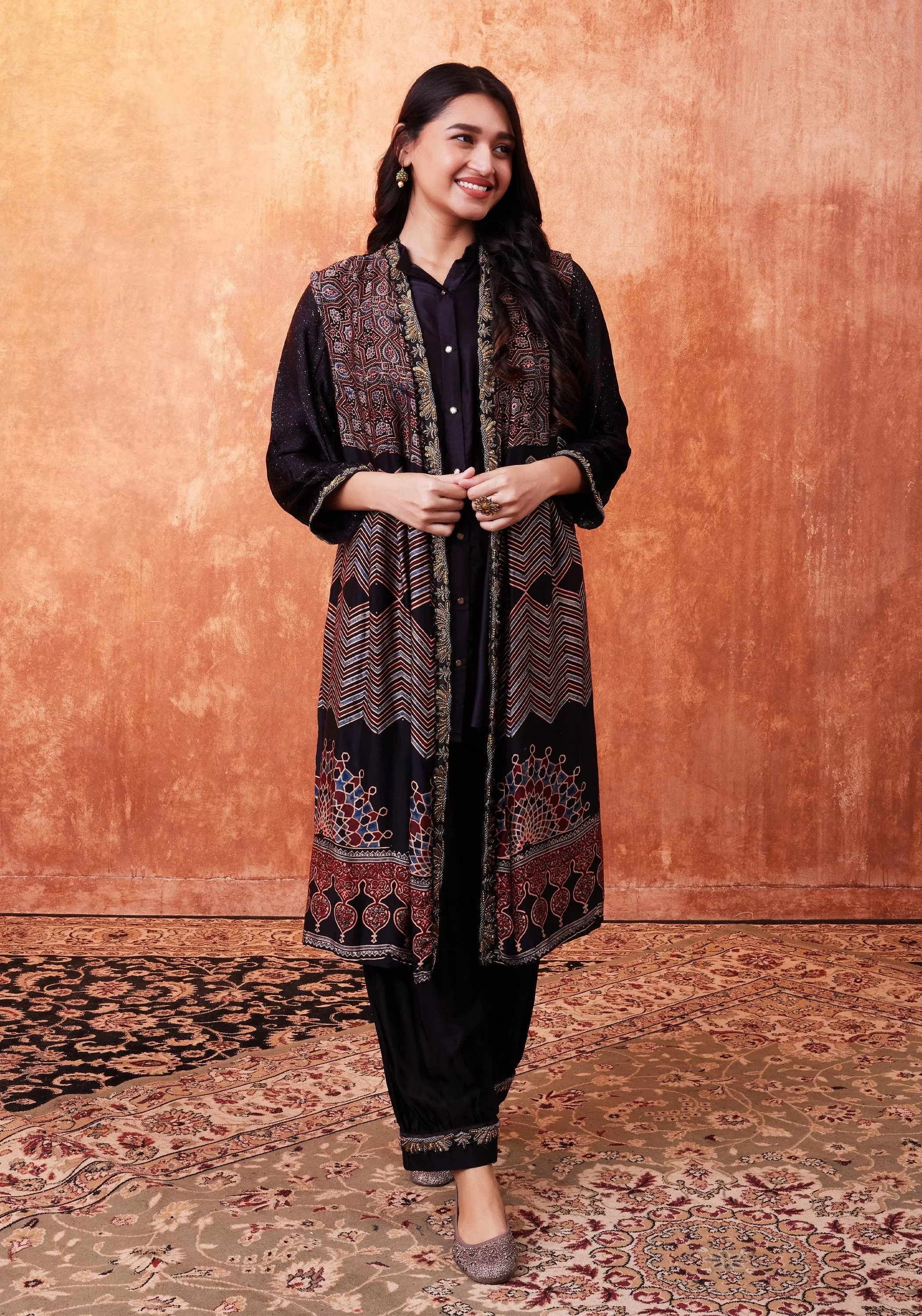 Black Ajrakh Printed Habutai Silk Cape Co-Ord Set