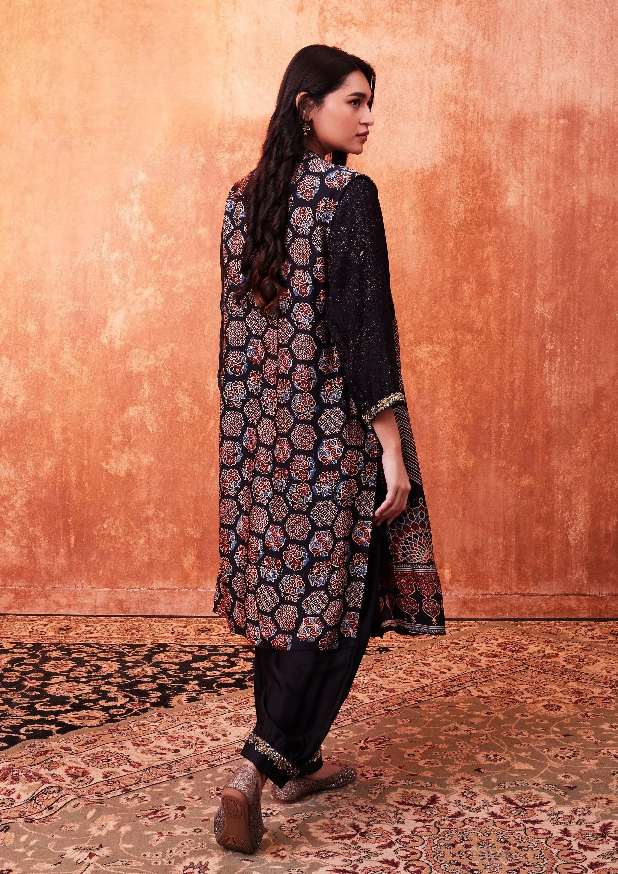 Black Ajrakh Printed Habutai Silk Cape Co-Ord Set