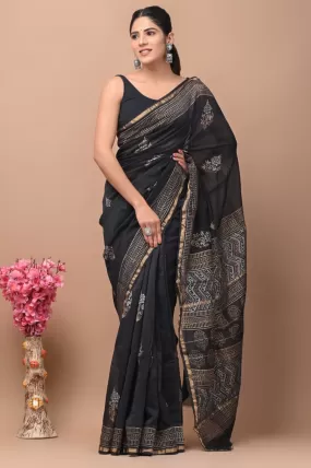 Black Chanderi Handblock Printed Saree