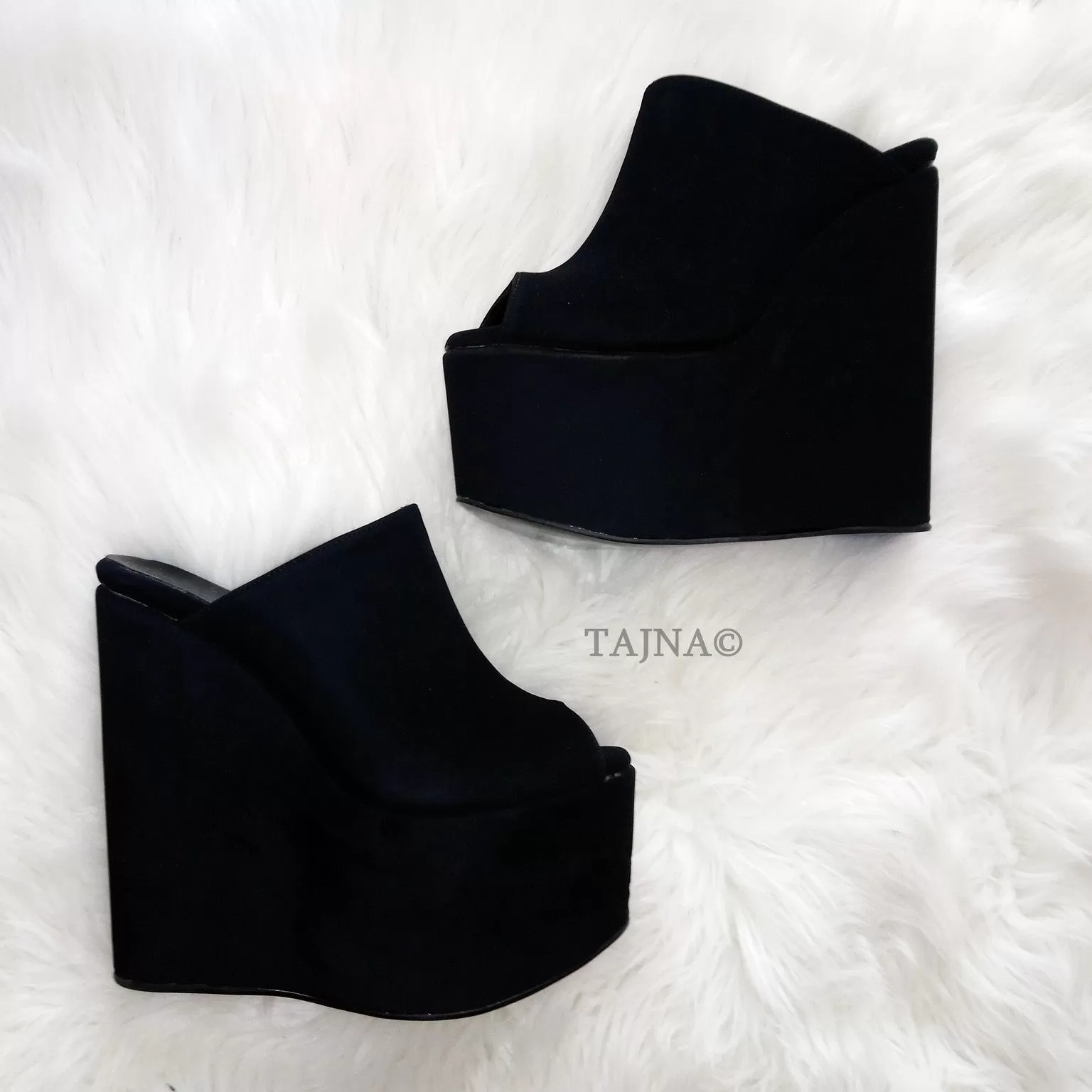 Black Faux Suede Peep Toe High Heel Wedge Mules