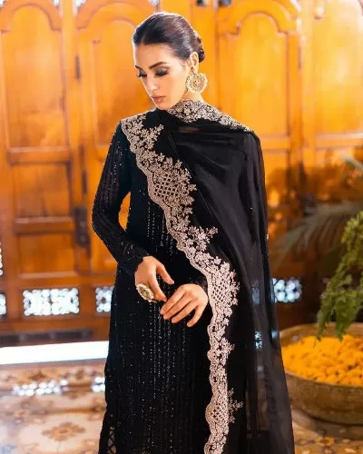 Black Georgette Heavy Work Designer Straight Suit Set