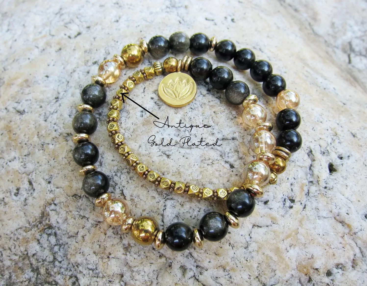 Black Gold Obsidian, Gold Aura Quartz Protective Mala Bracelet