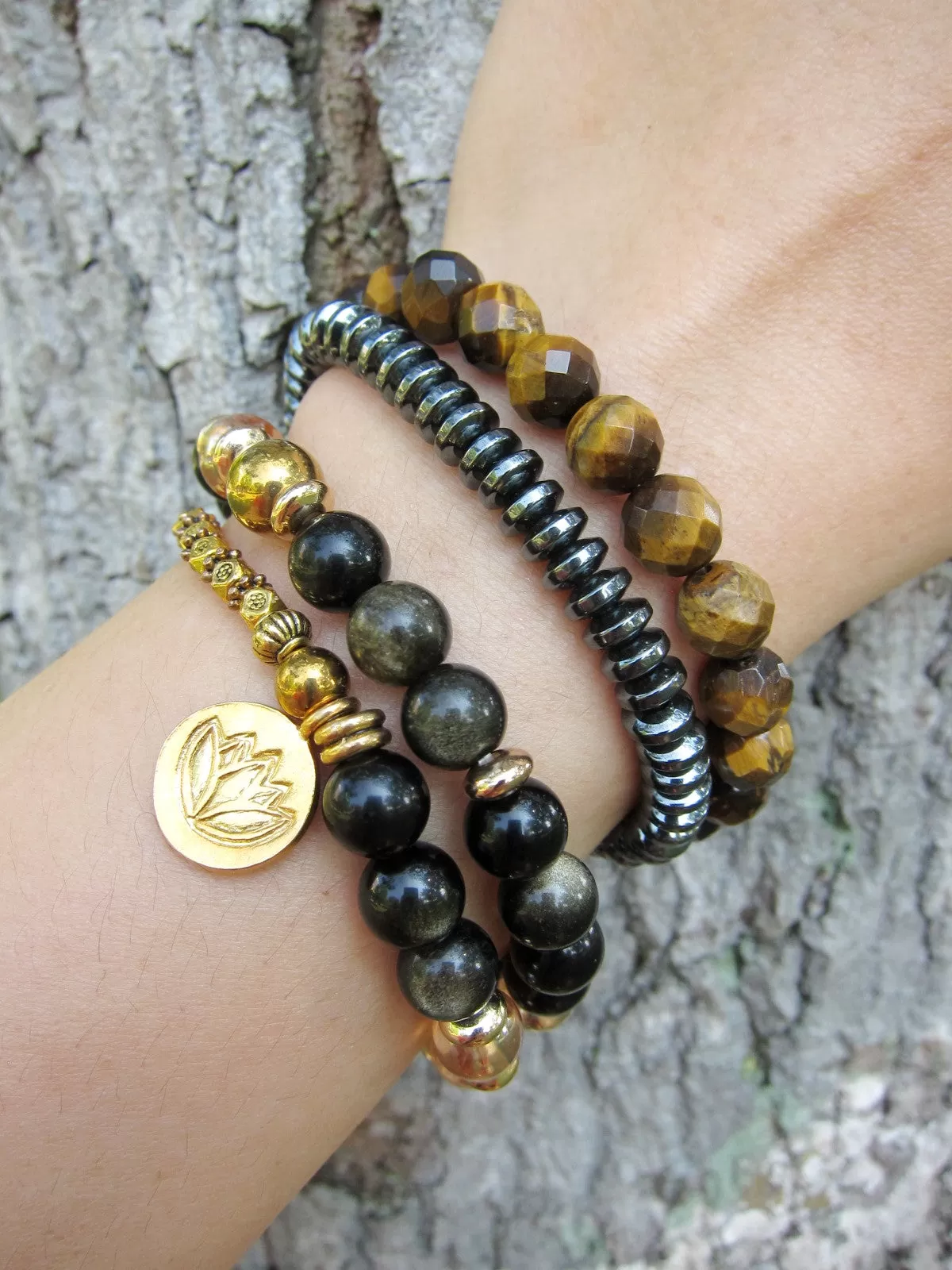 Black Gold Obsidian, Gold Aura Quartz Protective Mala Bracelet