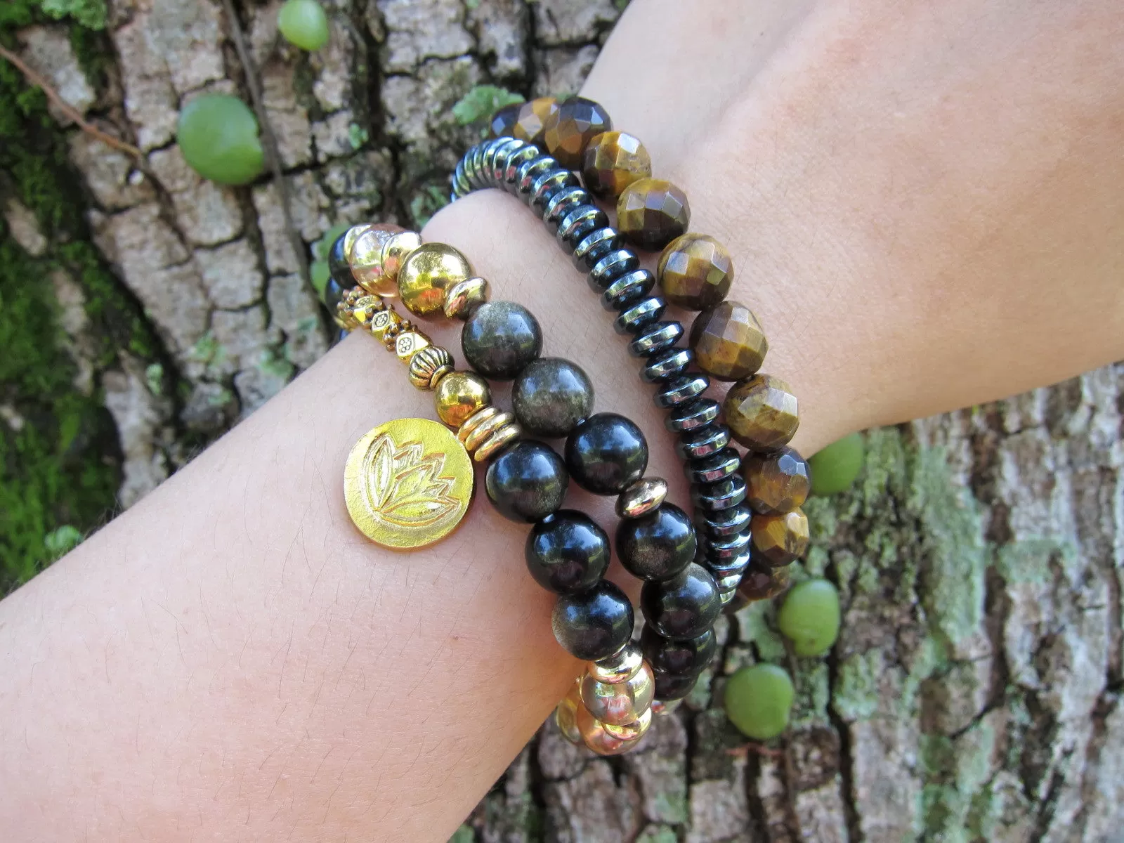 Black Gold Obsidian, Gold Aura Quartz Protective Mala Bracelet