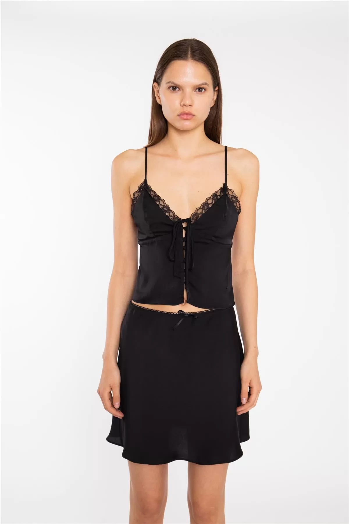 Black-Satin Button-Front Cami-Top