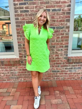 Blind Sided Textured Dress with Ruffled Sleeve- Lime