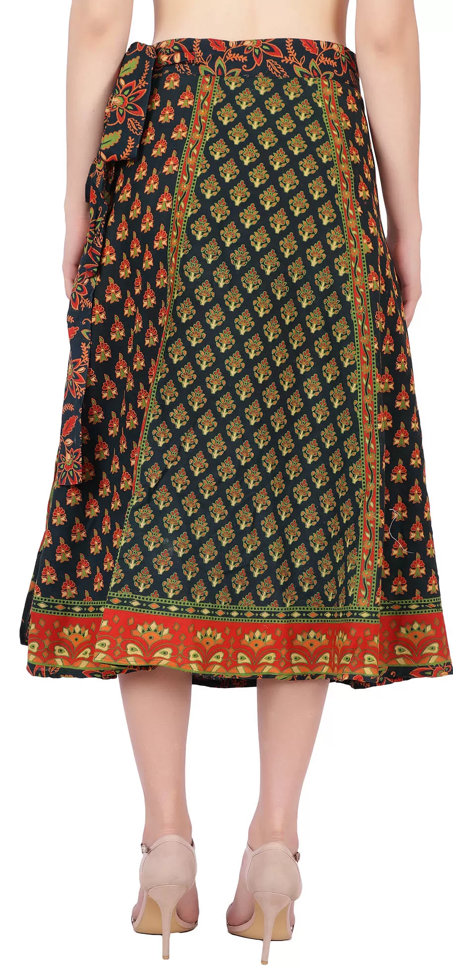 Block Printed Long Wrap Skirt Women's India Cotton (Green, One Size)