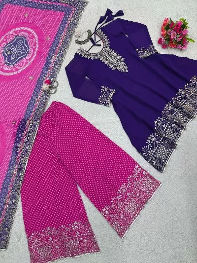 Blue & Pink Georgette Thread With Sequence Palazzo Suit Set