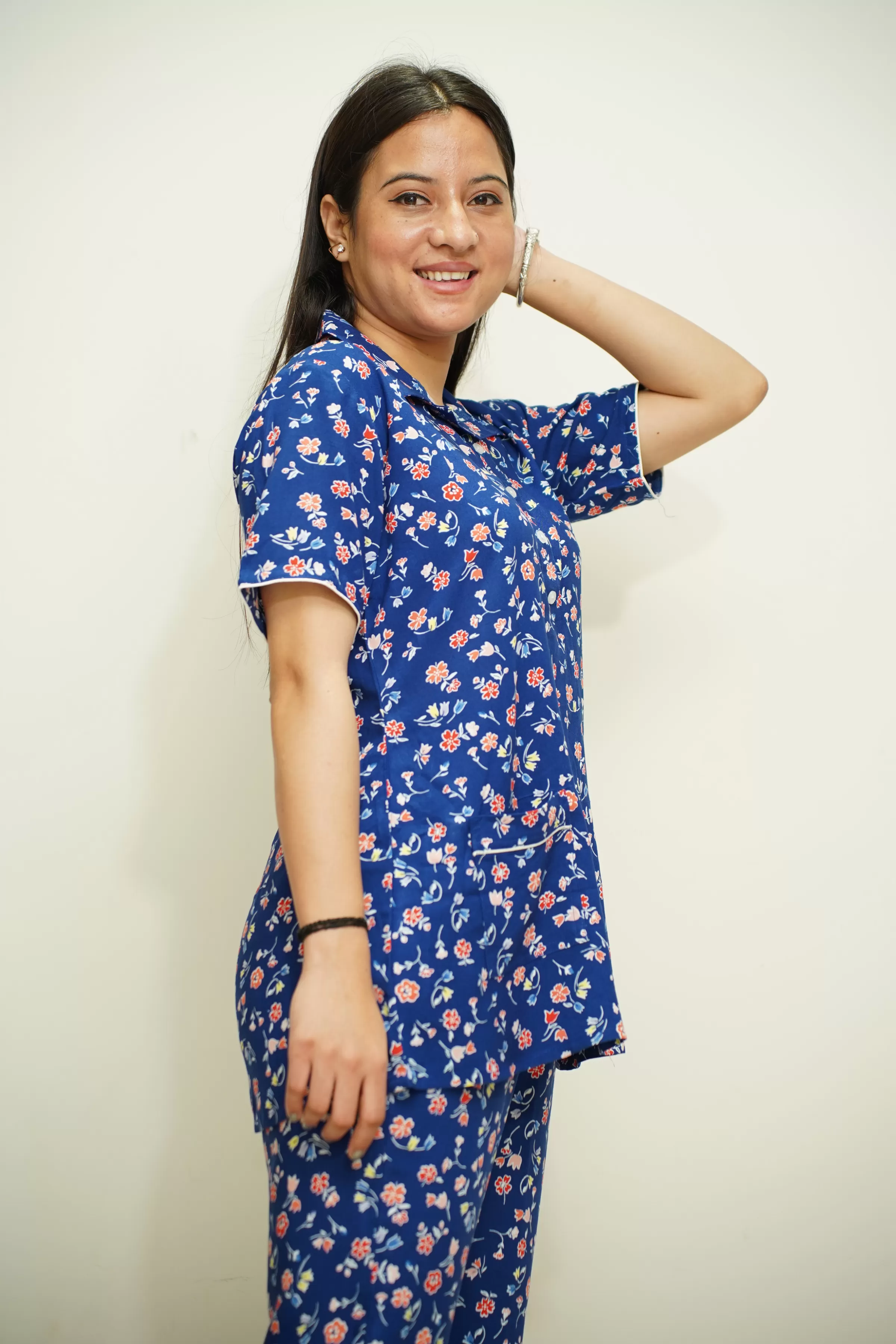 Blue Floral Rayon Night Suit