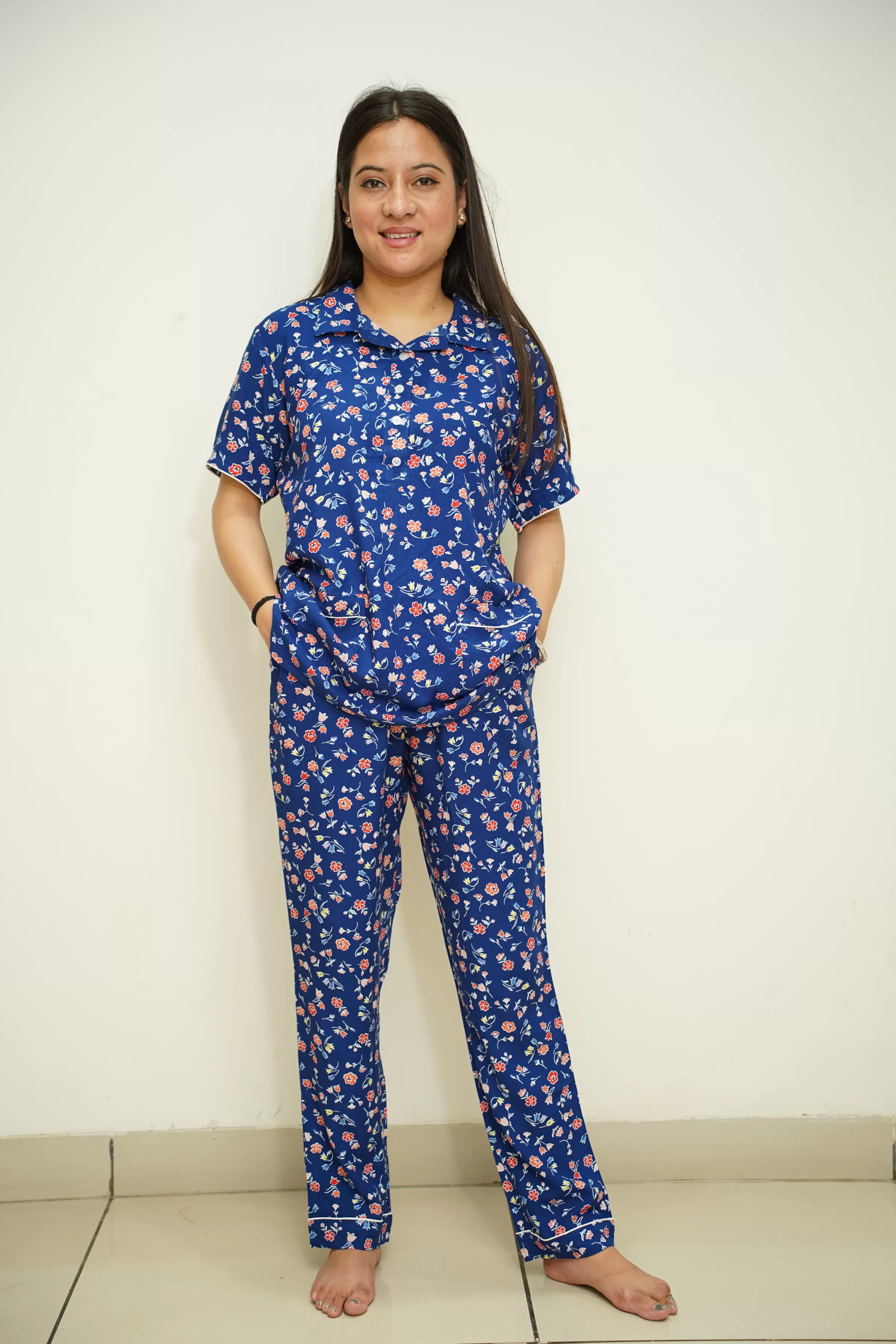 Blue Floral Rayon Night Suit